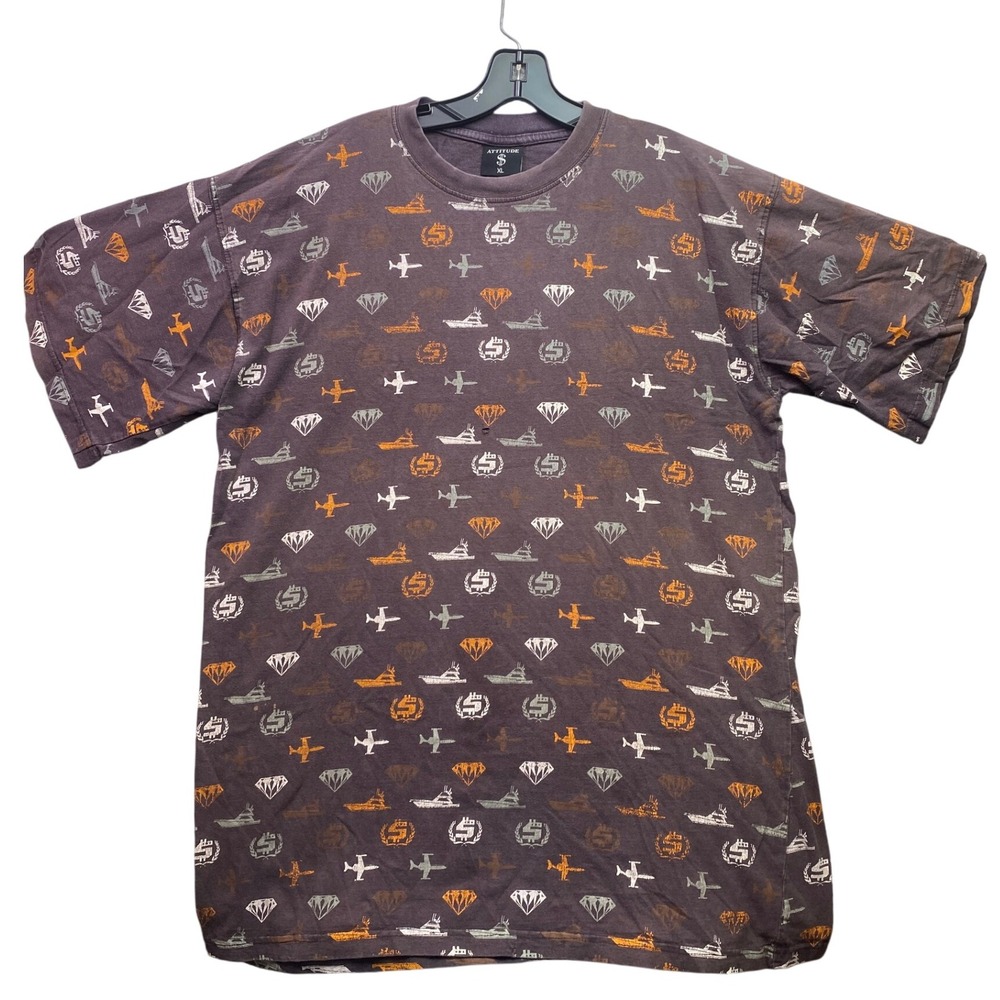 ATTITUDE Shirt Mens Extra Large Grunge Y2K AOP Diamond Cash‎ Hip Hop Streetwear